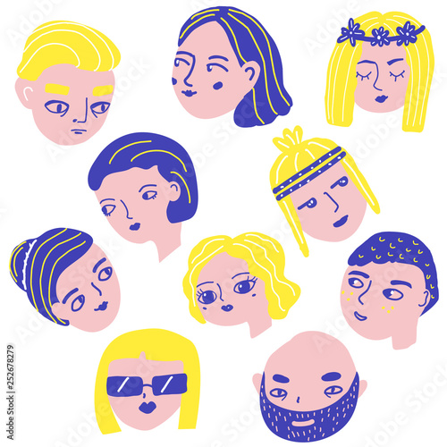 Doodle people faces. Man and woman avatars. Funny male and female heads in quirky style. Lifestyle stickers, icons