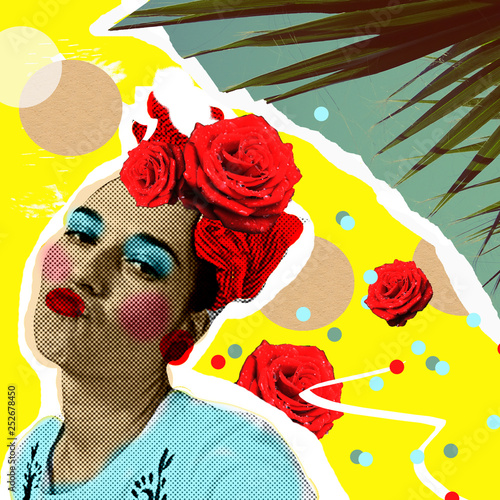 Woman in pop art style and tropic palm leaves. Trendy zine collage, fashion print, poster