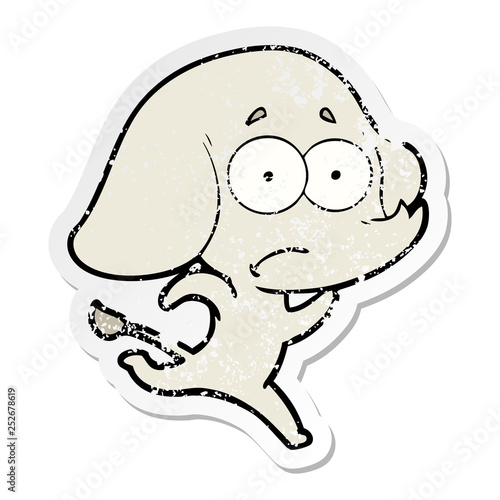 distressed sticker of a cartoon unsure elephant running away