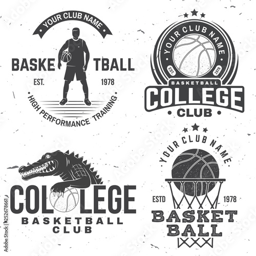 Set of basketball college club badge. Vector. Concept for shirt, print, stamp or tee. Vintage typography design with crocodile and basketball ball silhouette.