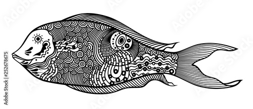Vector illustration of isolated, stylized doodle fish in black color on white background. Anti-stress coloring for adult.