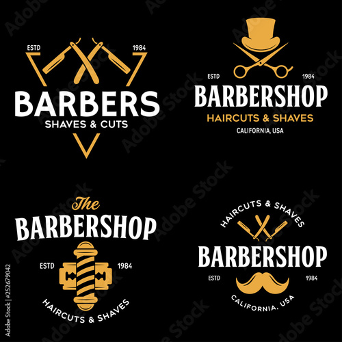 Set of vintage barbershop labels. Templates for the design of logos and emblems. Collection of barbershop - symbols razor, pole, scissors.