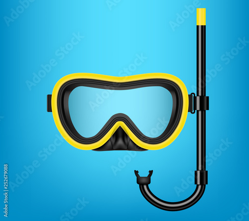 Creative vector illustration of scuba diving, swimming mask with snorkel, goggles, flippers isolated on transparent background. Art design realistic snorkeling diver equipment for summer holidays