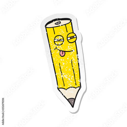 retro distressed sticker of a sly cartoon pencil