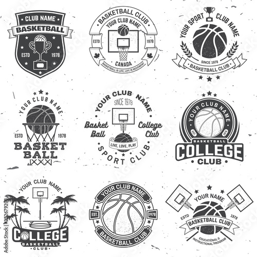 Set of basketball club badge. Vector. Concept for shirt, print, stamp or tee. Vintage typography design with basketball player, hoop and ball silhouette.