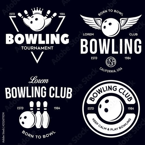Set of vector vintage monochrome style bowling logo, icons and symbol. Bowling ball and bowling pins silhouettes. Trendy design elements.
