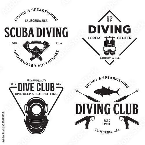 Set of Scuba diving club and diving school design. Concept for shirt or logo, print, stamp or tee. Vintage typography design with diving gear silhouette