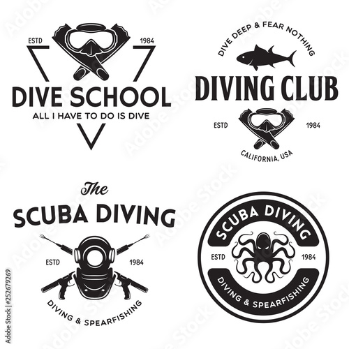 Set of Scuba diving club and diving school design. Concept for shirt or logo, print, stamp or tee. Vintage typography design with diving gear silhouette