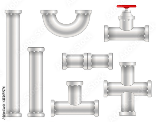 Creative vector illustration of plastic water, oil, gas pipeline, pipes sewage isolated on transparent background. Art design abstract concept graphic ells, gate valve, fittings, faucet element