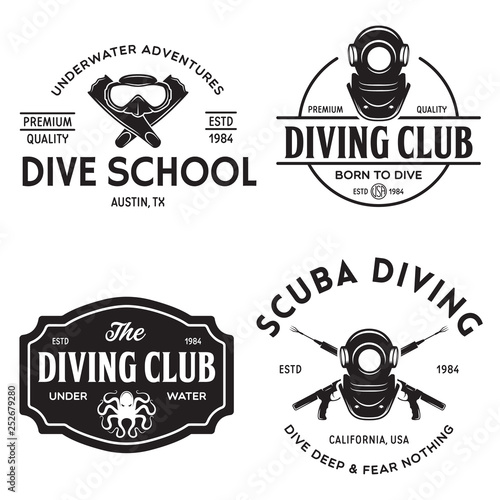 Set of Scuba diving club and diving school design. Concept for shirt or logo, print, stamp or tee. Vintage typography design with diving gear silhouette