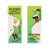 Skateboarders on skateboard vector skateboarding boy or girl characters backdrop teenager skaters jumping on board in skatepark illustration set of people skating background