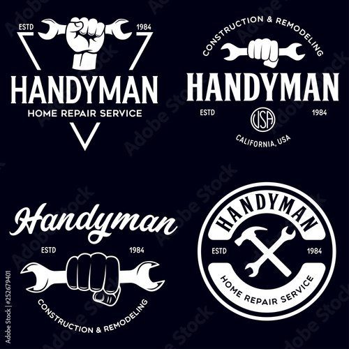 Handyman labels badges emblems and design elements. Tools silhouettes. Carpentry related vector vintage illustration.