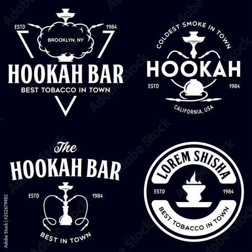 Set of hookah labels, badges and design elements. Hookah club. Shisha bar. Hookah lounge logo. Hookah pipes.