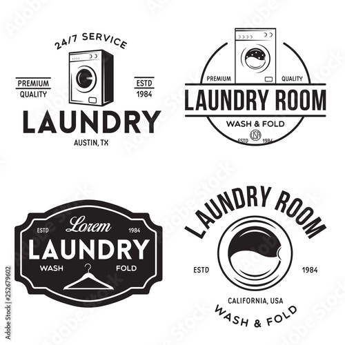 Set of labels or logos for laundry service. Vector emblems and design elements. Laundry logo and household wash templates and badges.