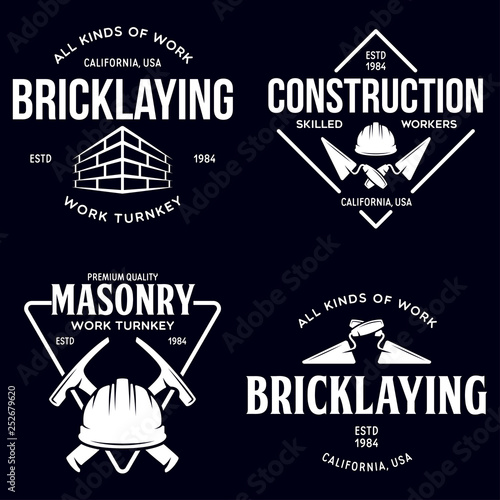 Set of vintage construction and bricklaying labels. Posters, stamps, banners and design elements. Vector illustration