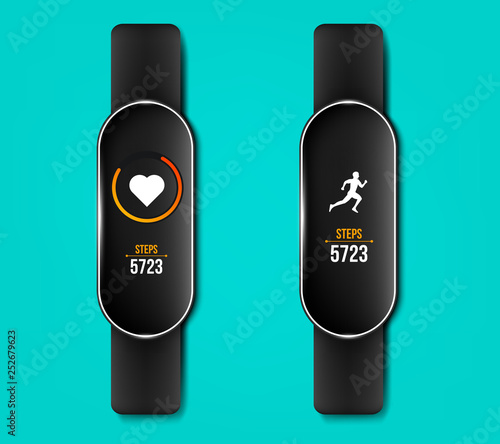 Creative vector illustration of fitness counter run app in phone and wrist band bracelet, activity tracker isolated on background. Art design smartphone template. Abstract concept graphic element