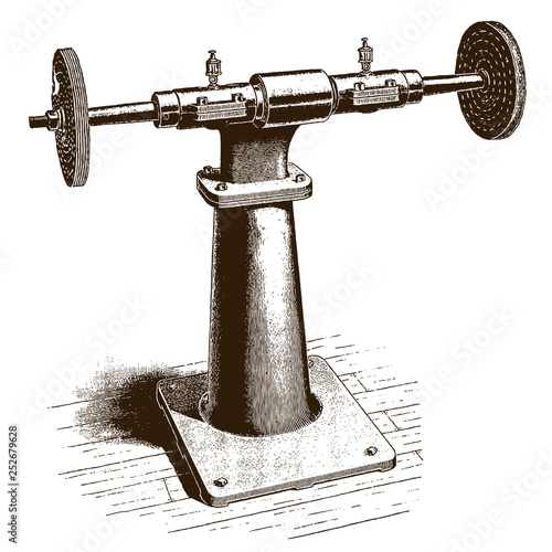 Historical polishing and buffing lathe machine (after an etching or engraving from the 19th century)