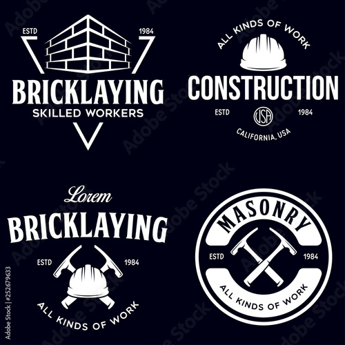 Set of vintage construction and bricklaying labels. Posters, stamps, banners and design elements. Vector illustration