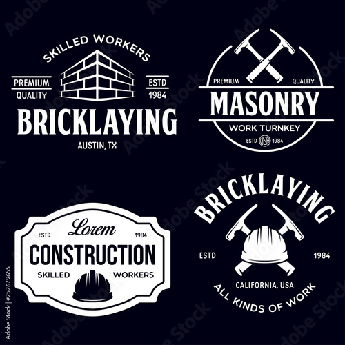 Set of vintage construction and bricklaying labels. Posters, stamps, banners and design elements. Vector illustration