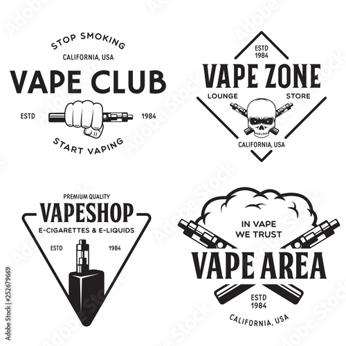 Vape shop labels emblems badges set. Vaping related typography collection. Trendy design elements for t-shirt prints and advertising.