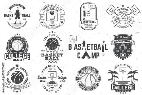 Set of basketball club badge. Vector. Concept for shirt, print, stamp or tee. Vintage typography design with basketball player, hoop and ball silhouette.