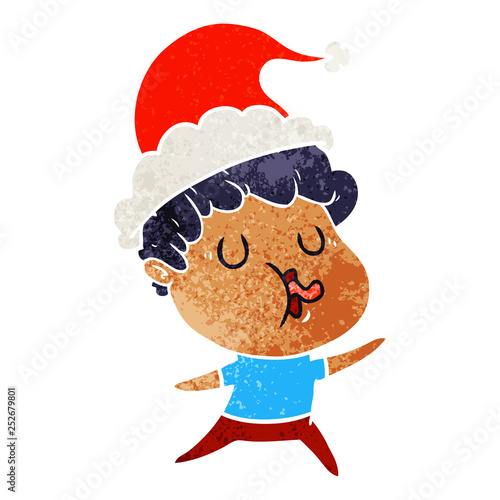 retro cartoon of a man singing wearing santa hat