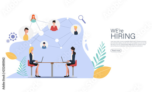 We are hiring and online recruitment concept with tiny people character suitable for landing page, mobile app, banner.