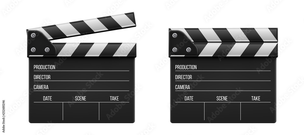 Fotografie Creative vector illustration of 3d realistic movie clapperboard, film clapper isolated on transparent background