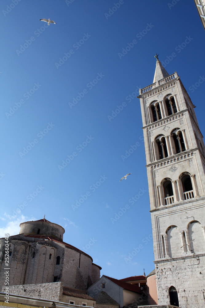 Church of St. Donat. Bell Tower Romanesque cathedral of St Anastasia. Zadar Croatia.
