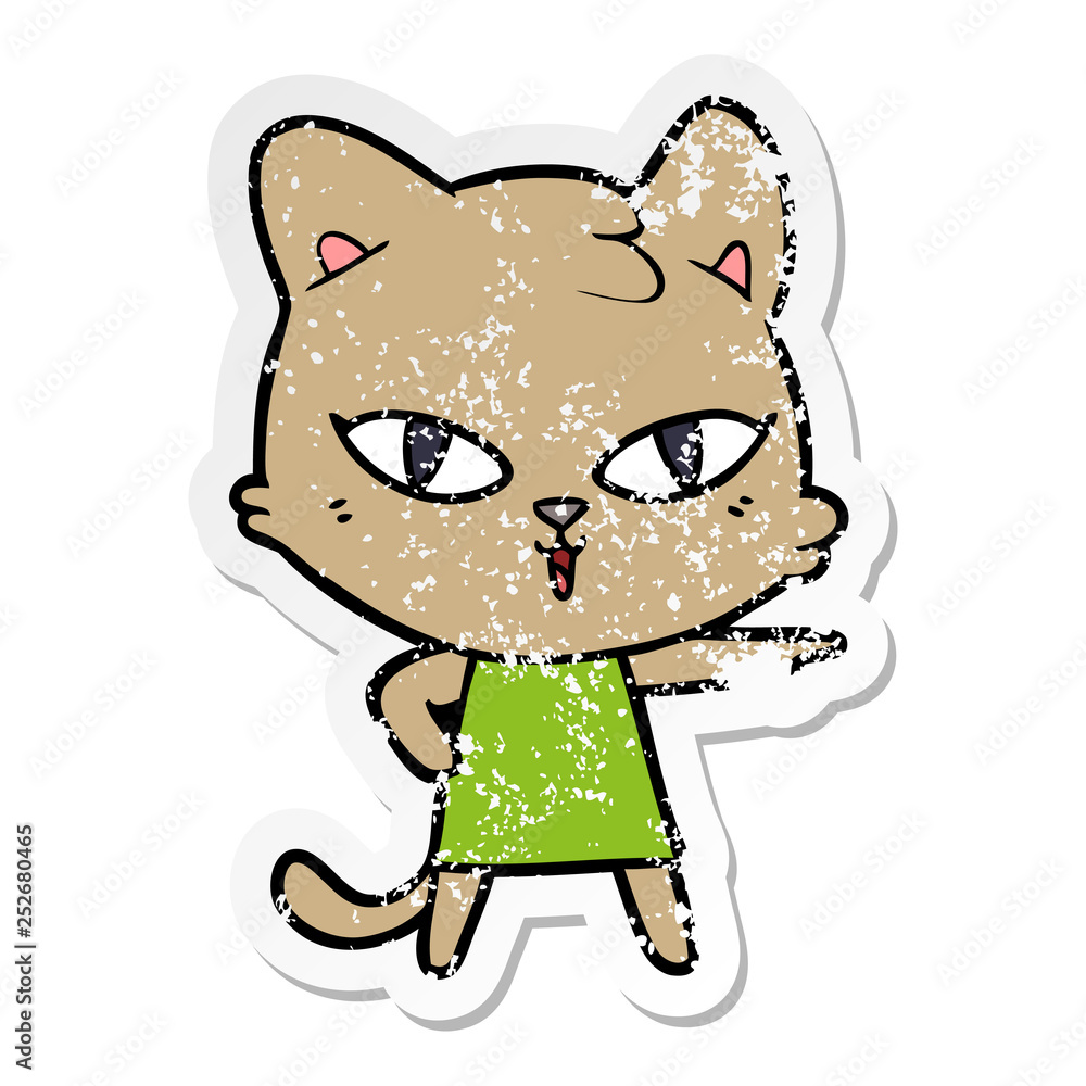 distressed sticker of a cartoon cat in dress pointing distressed sticker of a cartoon cat in dress pointing
