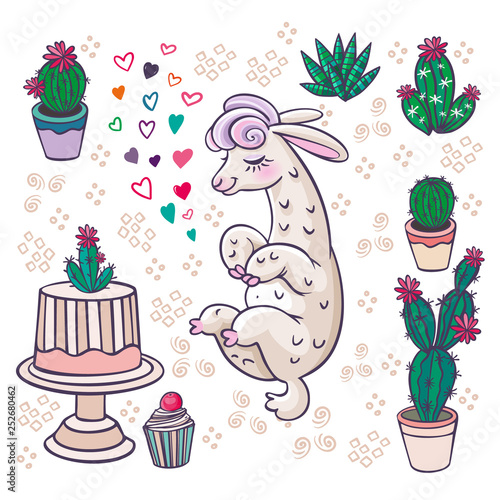 Mexican Alpaca Llamas and desert plants vector set. Cartoon lamaser and easter cactus with flowers illustration