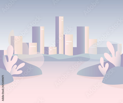 Futuristic city landscape with high skyscrapers and city park in the foreground. Urban vector background