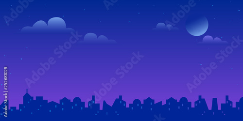 Night city landscape vector gradient illustration of bright moon and stars in the purple sky