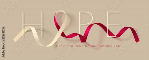 Head and Neck Cancer Awareness Calligraphy Poster Design. Realistic Burgundy and Ivory Ribbon. April is Cancer Awareness Month. Vector