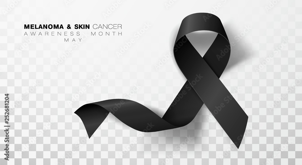 Melanoma and Skin Cancer Awareness Month. Black Color Ribbon Isolated On Transparent Background. Vector Design Template For Poster. - obrazy, fototapety, plakaty 
