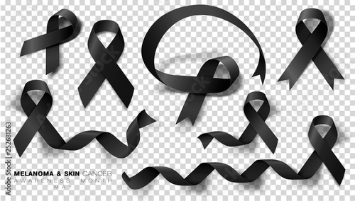 Melanoma and Skin Cancer Awareness Month. Black Color Ribbon Isolated On Transparent Background. Vector Design Template For Poster. photo