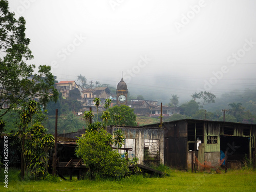 Misty old building in foggy tropical jungle in Sao Paulo, Brasil