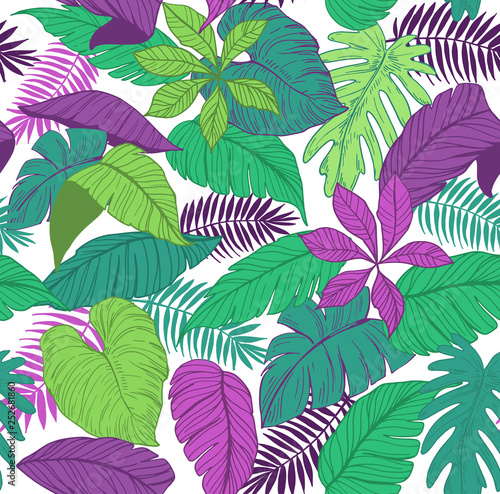 Seamless pattern with tropical leaves. Vector illustration