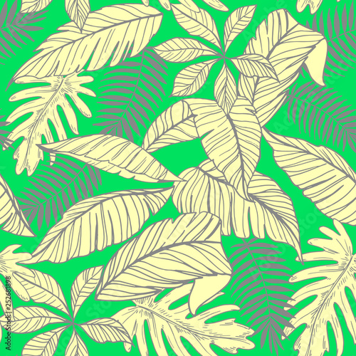 Seamless pattern with tropical leaves. Vector illustration