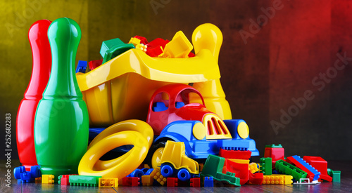Composition with colorful plastic children toys