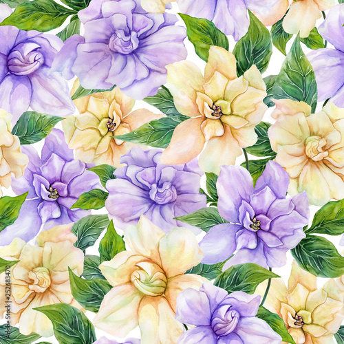 Beautiful gardenia flowers with leaves in seamless floral pattern. Pastel col...