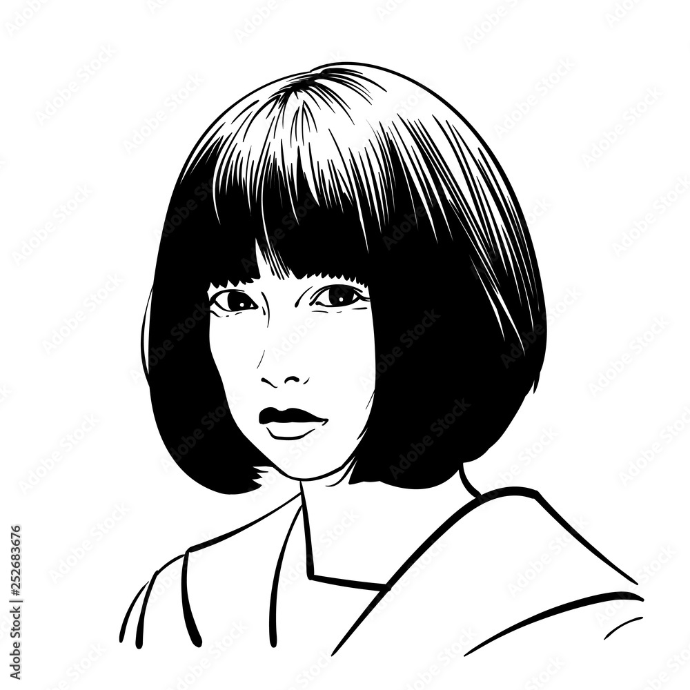 Asian girl portrait. Bob hairstyle. Vector. Black and white style. Illustration. Asian girl portrait. Bob hairstyle. Vector. Black and white style. Illustration.