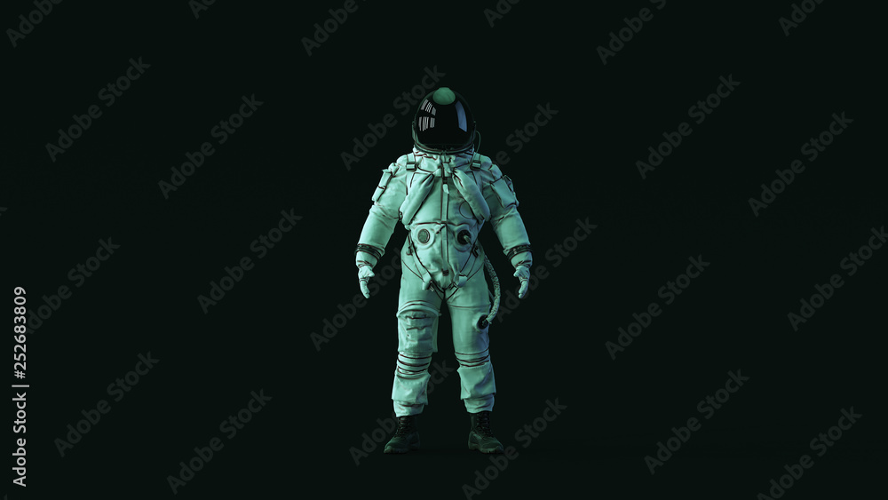 Astronaut Advanced Crew Escape Suit with Black Visor and White Spacesuit with Blue Green Moody 80s lighting Front 3d illustration 3d render