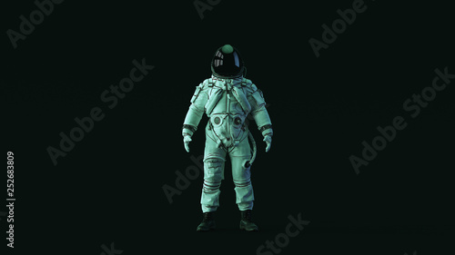 Astronaut Advanced Crew Escape Suit with Black Visor and White Spacesuit with Blue Green Moody 80s lighting Front 3d illustration 3d render