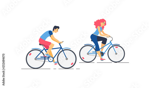 Vector illustration of happy young couple riding a bicycles