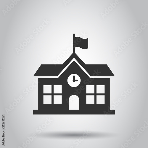 School building icon in flat style. College education vector illustration on white background. Bank, government business concept.