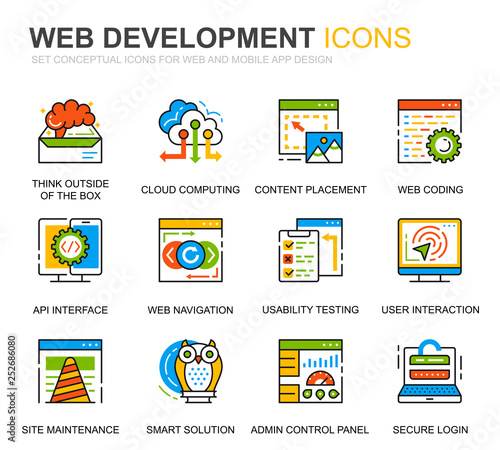 Simple Set Web Disign and Development Line Icons for Website and Mobile Apps. Contains such Icons as Coding  App Development  Usability. Conceptual color line icon. Vector pictogram pack.