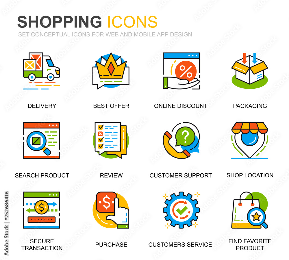 Simple Set Shopping and E-Commerce Line Icons for Website and Mobile Apps. Contains such Icons as Delivery, Payment Method, Store, Commerce. Conceptual color line icon. Vector pictogram pack. Simple Set Shopping and E-Commerce Line Icons for Website and Mobile Apps. Contains such Icons as Delivery, Payment Method, Store, Commerce. Conceptual color line icon. Vector pictogram pack.