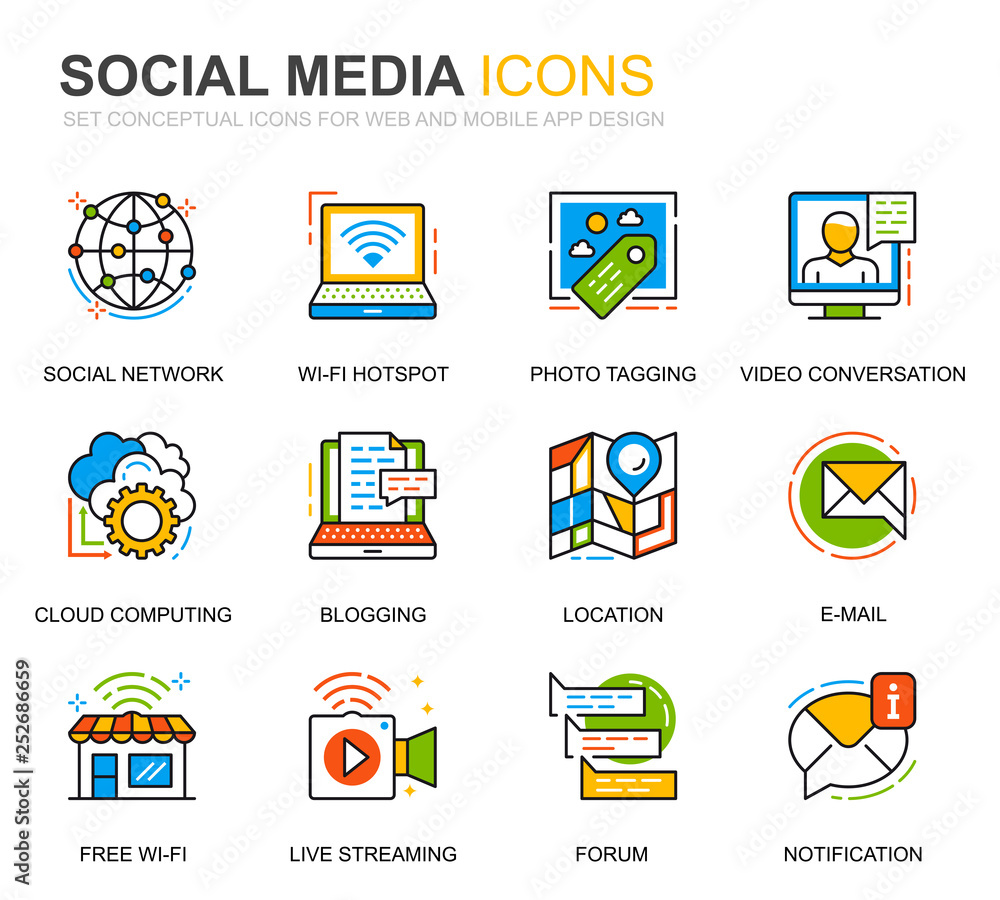 Simple Set Social Media and Network Line Icons for Website and Mobile Apps. Contains such Icons as Avatar, Emoji, Chating, Likes. Conceptual color line icon. Vector pictogram pack. Simple Set Social Media and Network Line Icons for Website and Mobile Apps. Contains such Icons as Avatar, Emoji, Chating, Likes. Conceptual color line icon. Vector pictogram pack.