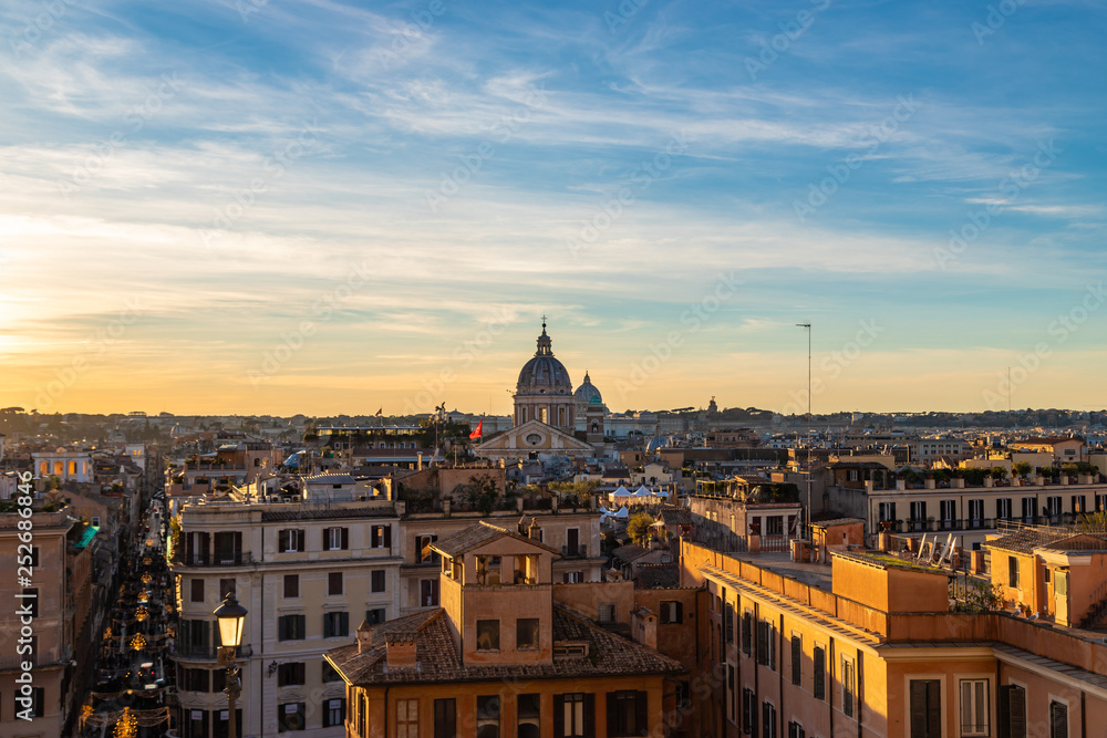Panoramic sight from Viale Trinità dei Monti, with the dome of the Basilica of Ambrogio e Carlo al Corso, Rome, Italy